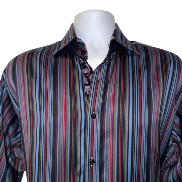 Thomas Dean Men’s Long Sleeve Button-Up Shirt Striped Paisley Trim Size Medium - Picture 1 of 10